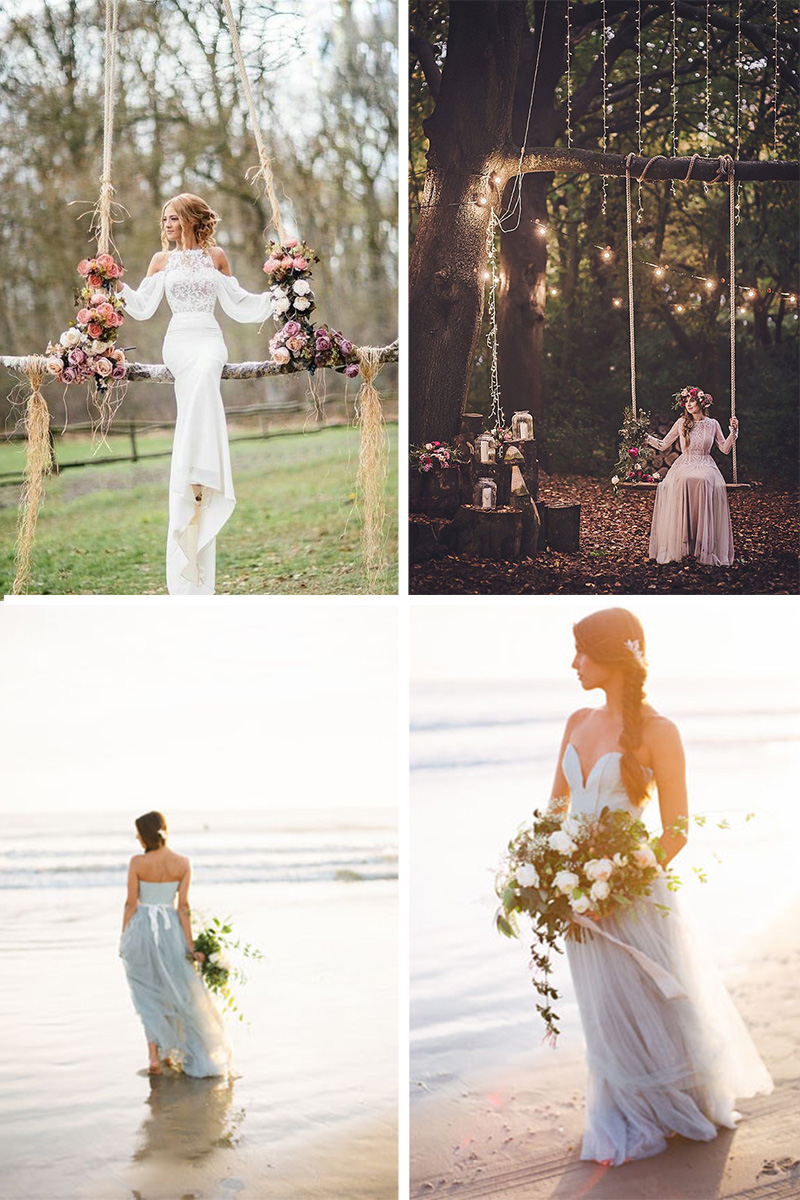 Photos de la mariée fleurs dans les cheveux sur la balançoire